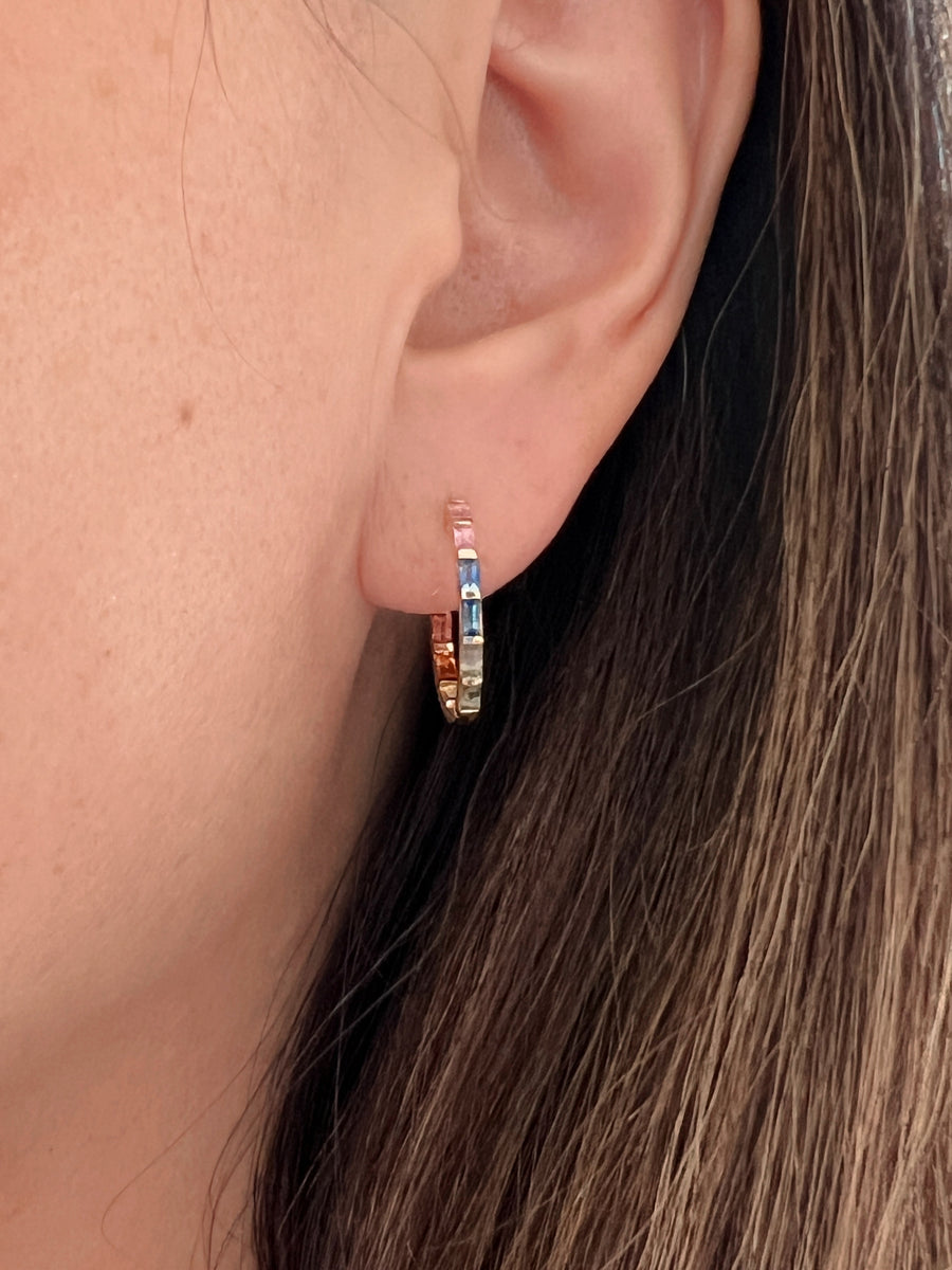 Rainbow Sapphire Baguette Hoop Earrings