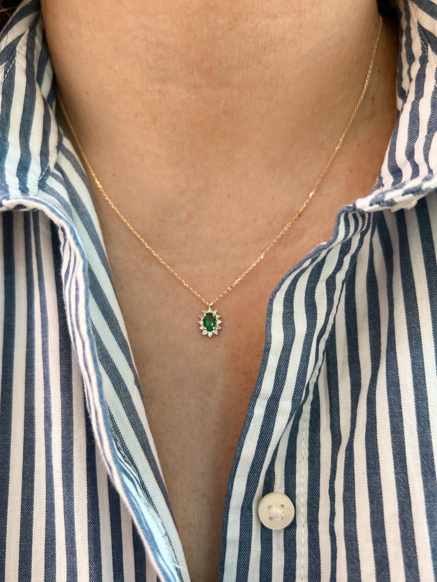 Delicate Oval Emerald and Diamond Cluster Necklace