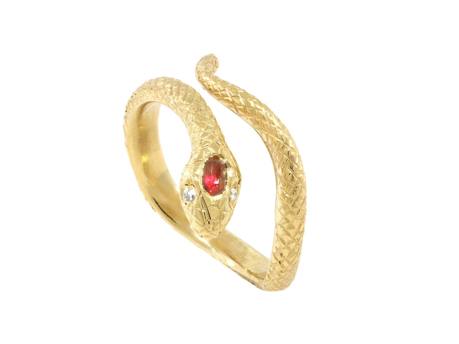 Engraved Diamond & Ruby Gold Snake Ring