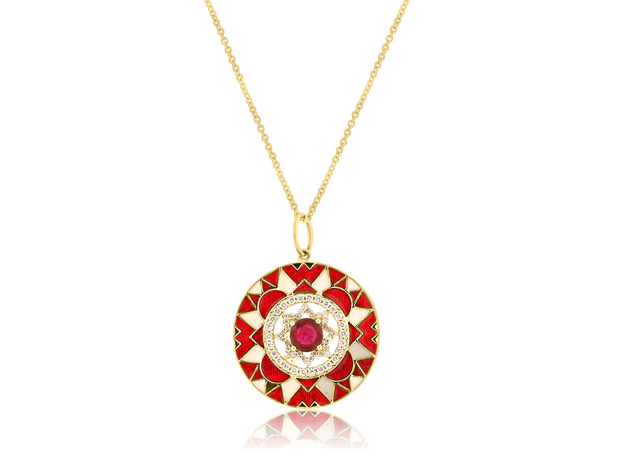 Red Enamel Diamond & Ruby Medallion Pendant
