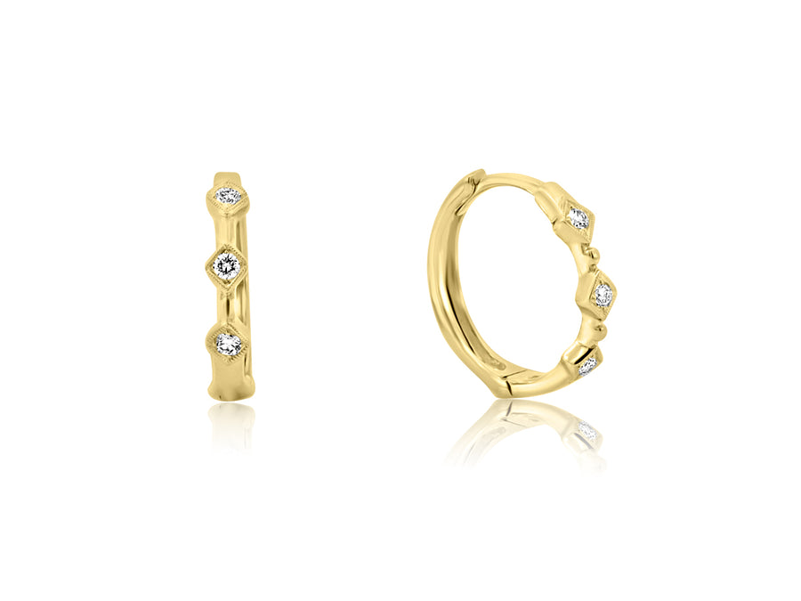 Three Diamond Yellow Gold Earrings