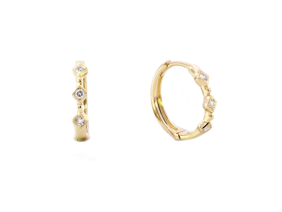Three Diamond Yellow Gold Earrings