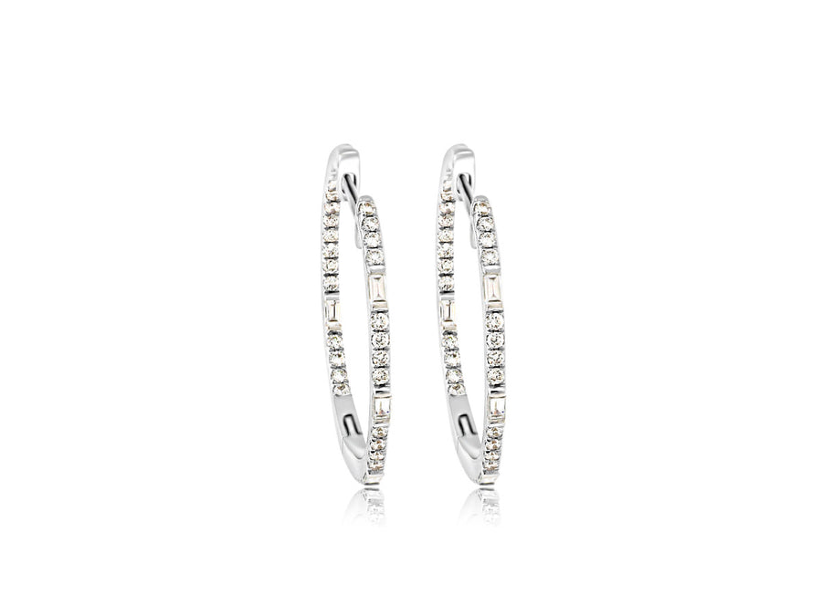 Baguette and Round Diamond White Gold Hoops