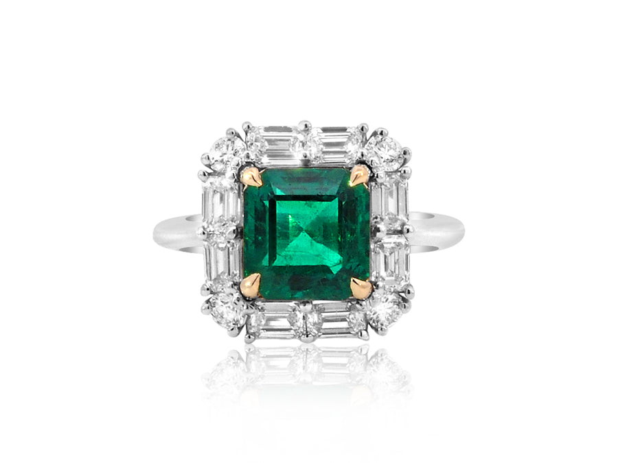 Green Emerald & Baguette Diamond Ring