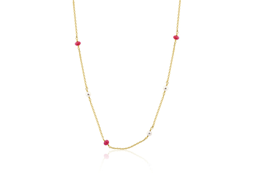 Ruby and Pearl Gold Station Necklace