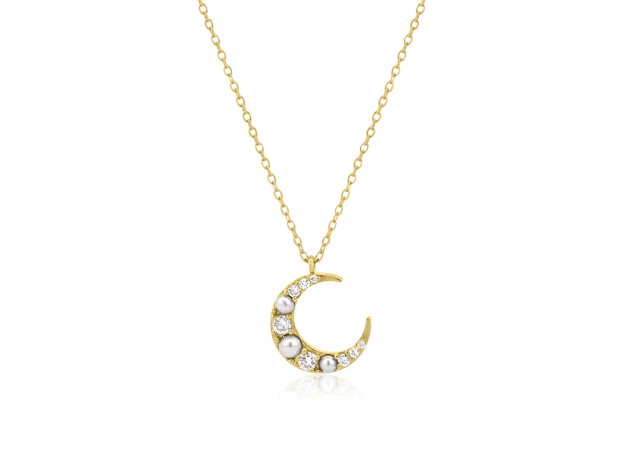 Diamond and Pearl Crescent Moon Necklace