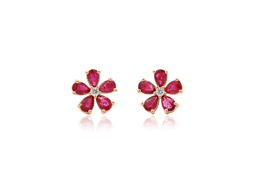 Ruby and Diamond Flower Stud Earrings