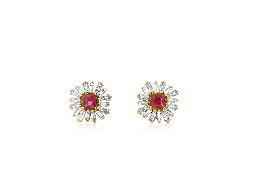Ruby and Baguette Diamond Stud Earrings