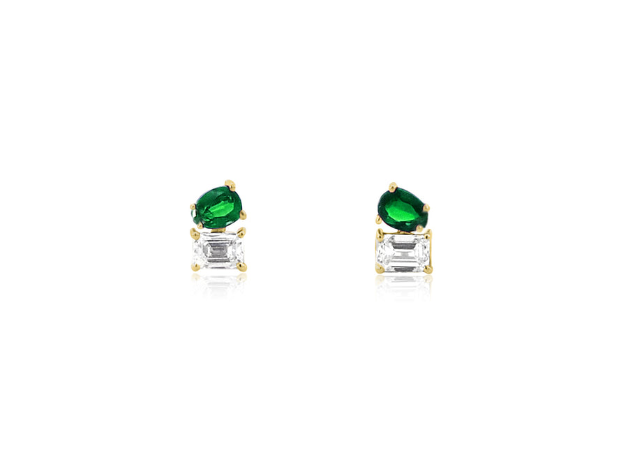 Green Emerald & Diamond Double Stud Earrings