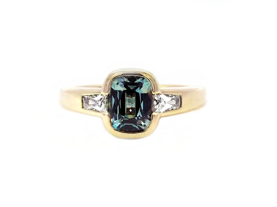 Teal Sapphire and Diamond Bezel Trinity Ring