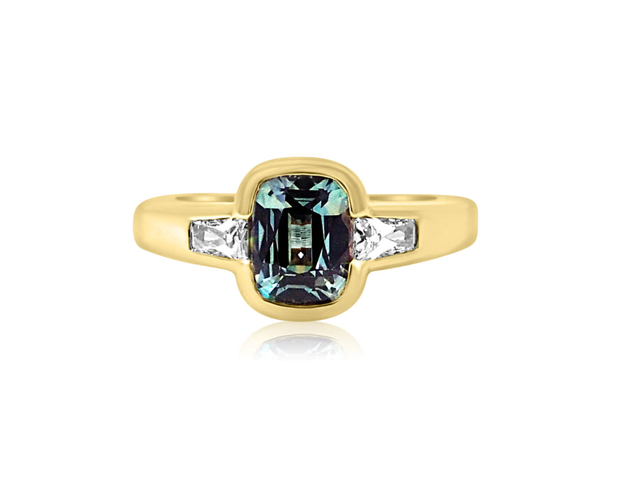 Teal Sapphire and Diamond Bezel Trinity Ring