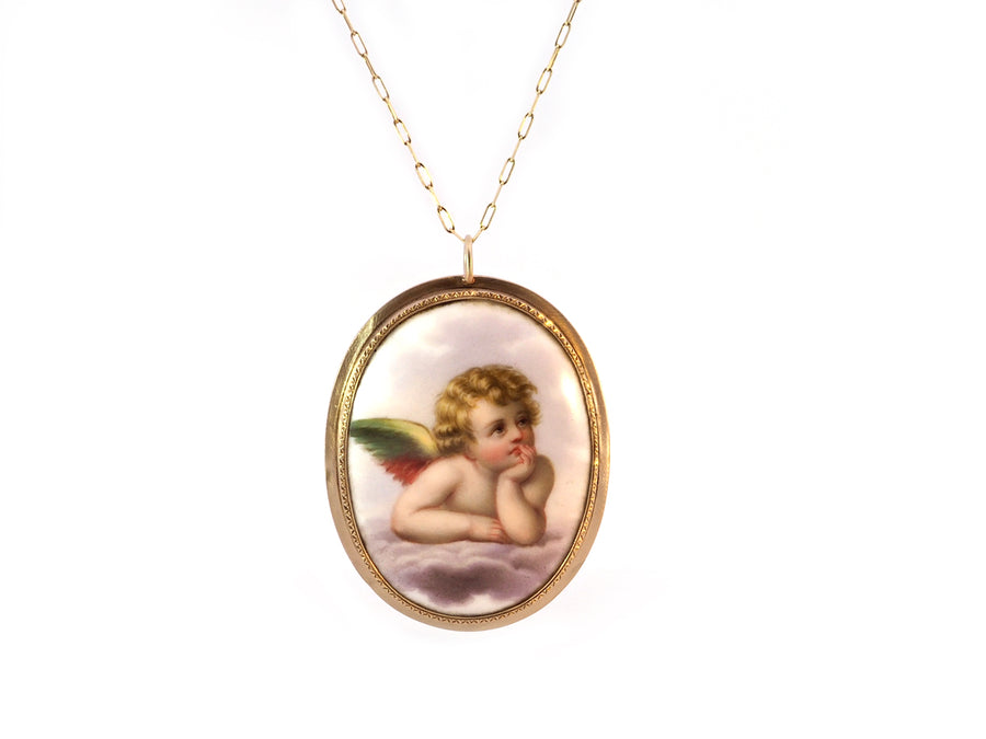 Antique Victorian Painted Cherub Pendant