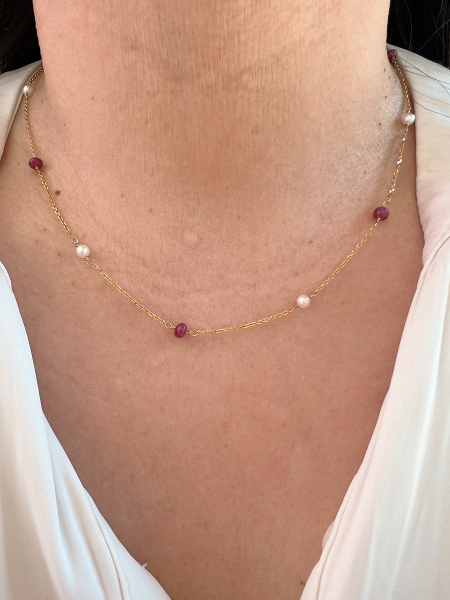 Ruby and Pearl Gold Station Necklace
