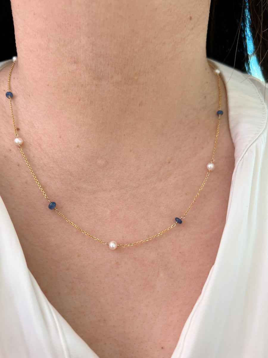 Sapphire and Pearl Gold Station Necklace