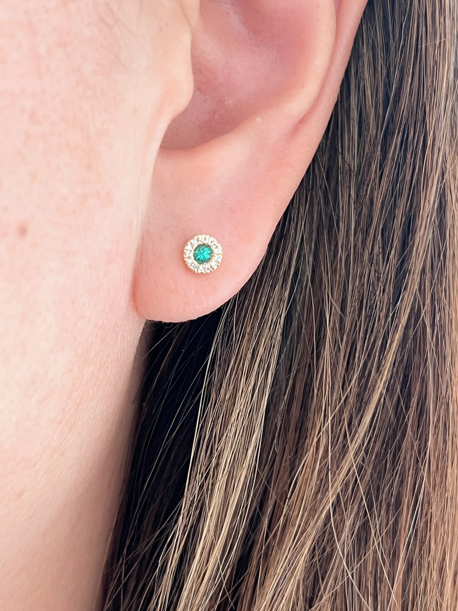 Petite Emerald and Diamond Halo Stud Earrings