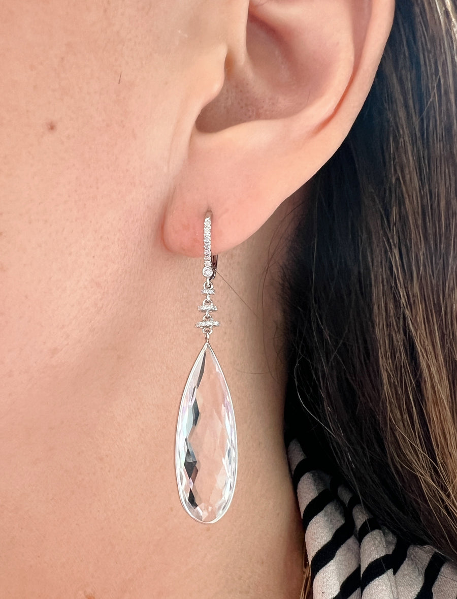 Long White Quartz and Diamond Drop Earrings