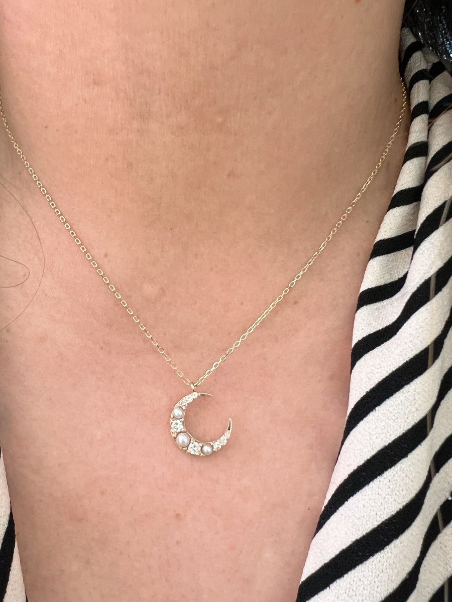 Diamond and Pearl Crescent Moon Necklace