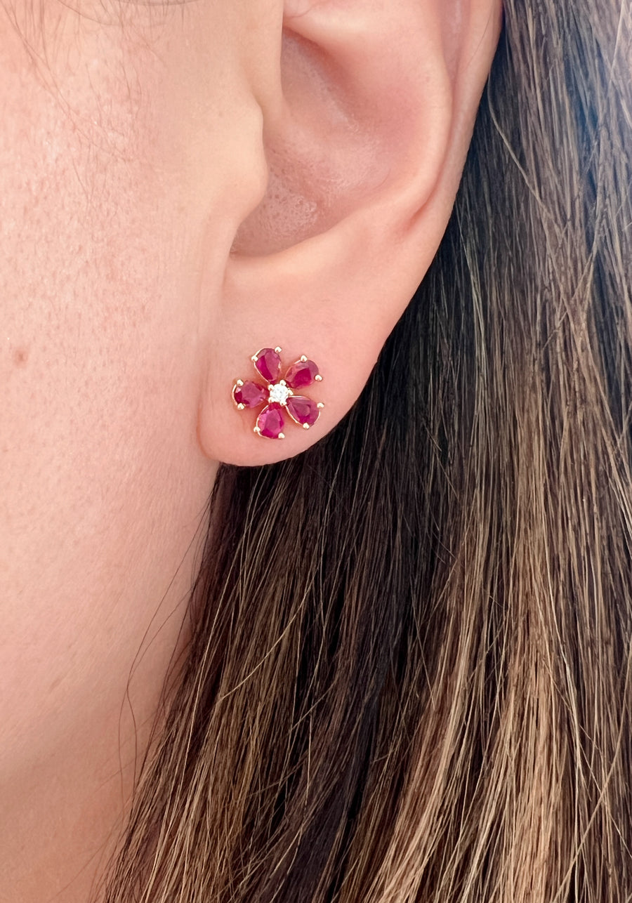 Ruby and Diamond Flower Stud Earrings