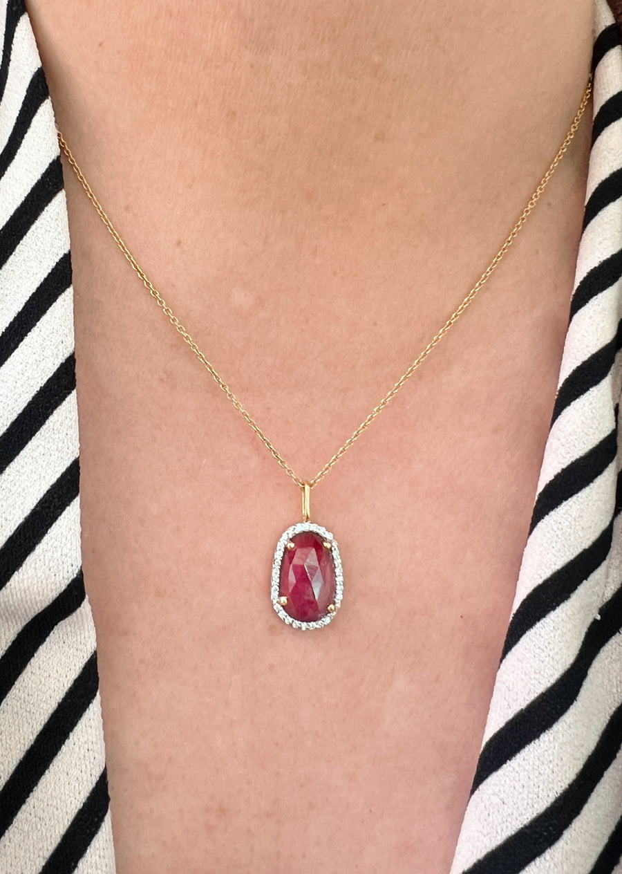 Ruby and Pave Diamond Pendant Necklace