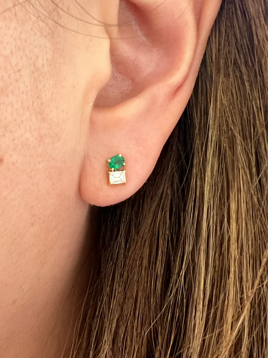 Green Emerald & Diamond Double Stud Earrings