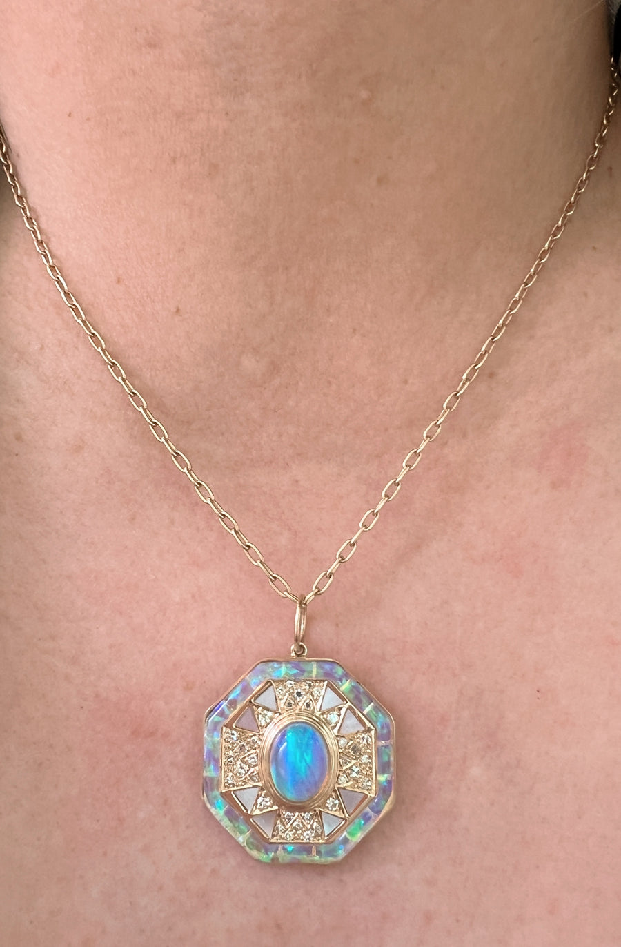 Opal & Diamond Geometric Inlay Pendant