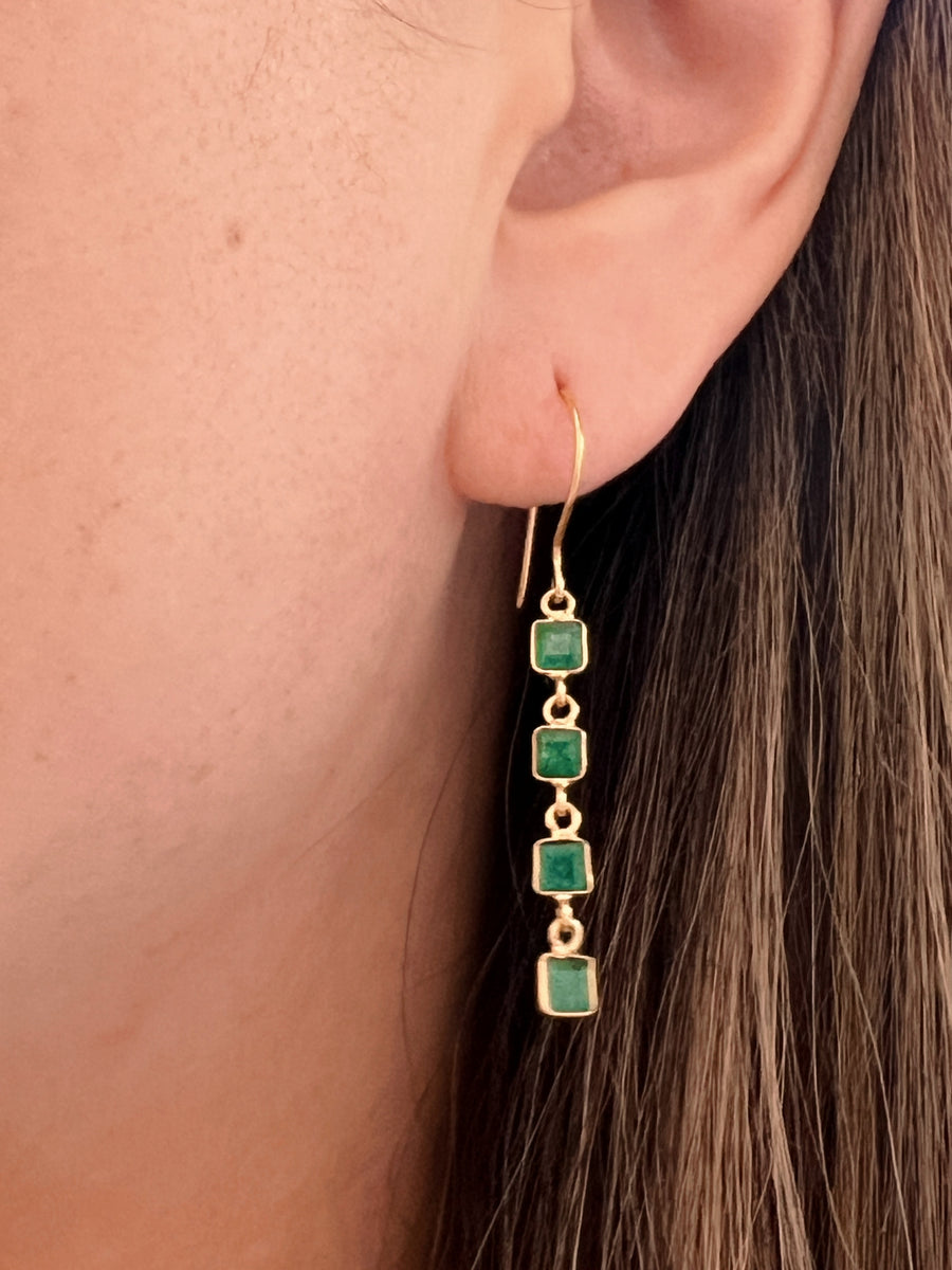 Square Emerald Yellow Gold Drop Earrings