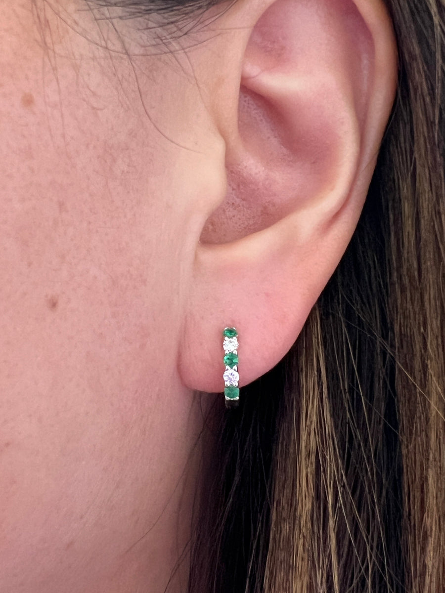 Emerald and Diamond Huggie Hoop Earrings