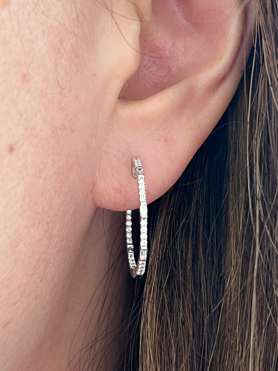 Baguette and Round Diamond White Gold Hoops