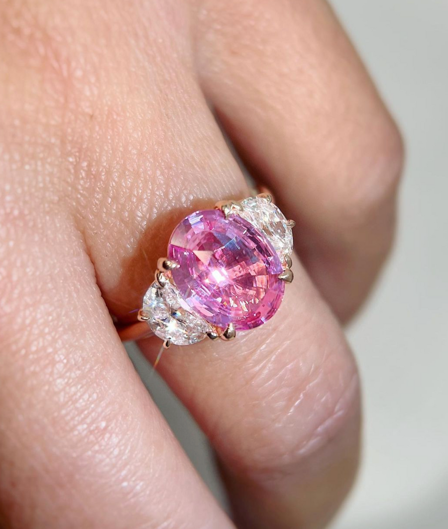 3.04ct Oval Pink Sapphire Trinity Ring