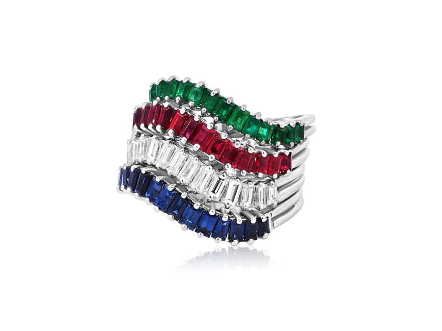 Vintage Gemstone Wave White Gold Ring Set