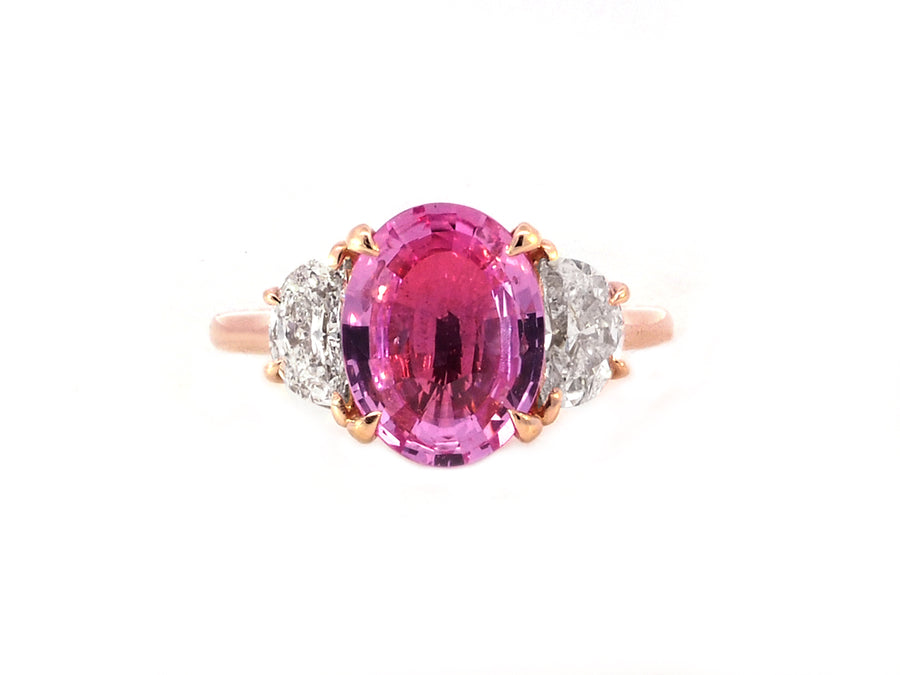 3.04ct Oval Pink Sapphire Half Moon Diamond Trinity Ring