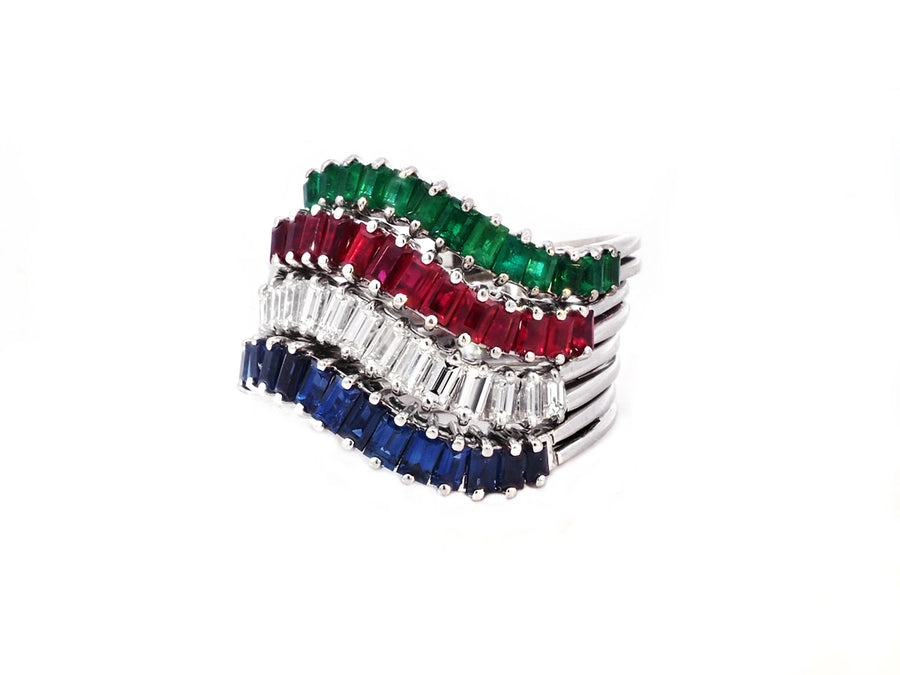 Vintage Gemstone Wave White Gold Ring Set