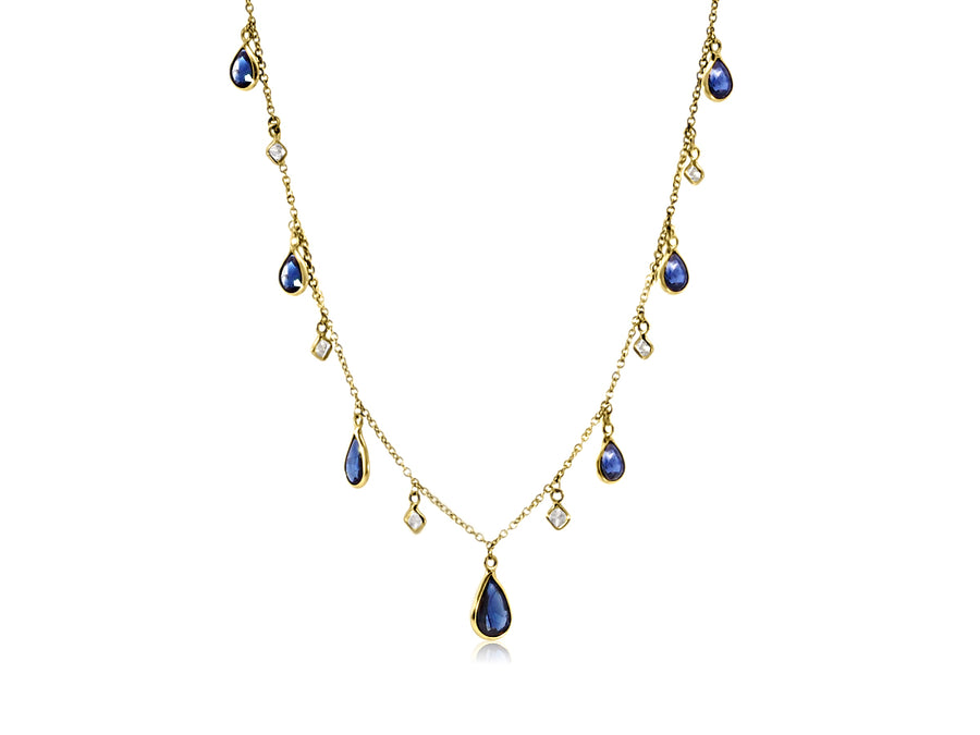 Blue Sapphire Pear & Diamond Bezel Drop Necklace