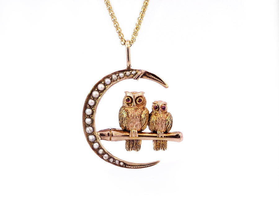 Vintage Double Owl Moon Pendant