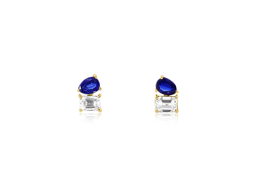 Diamond & Sapphire Yellow Gold Double Stud Earrings