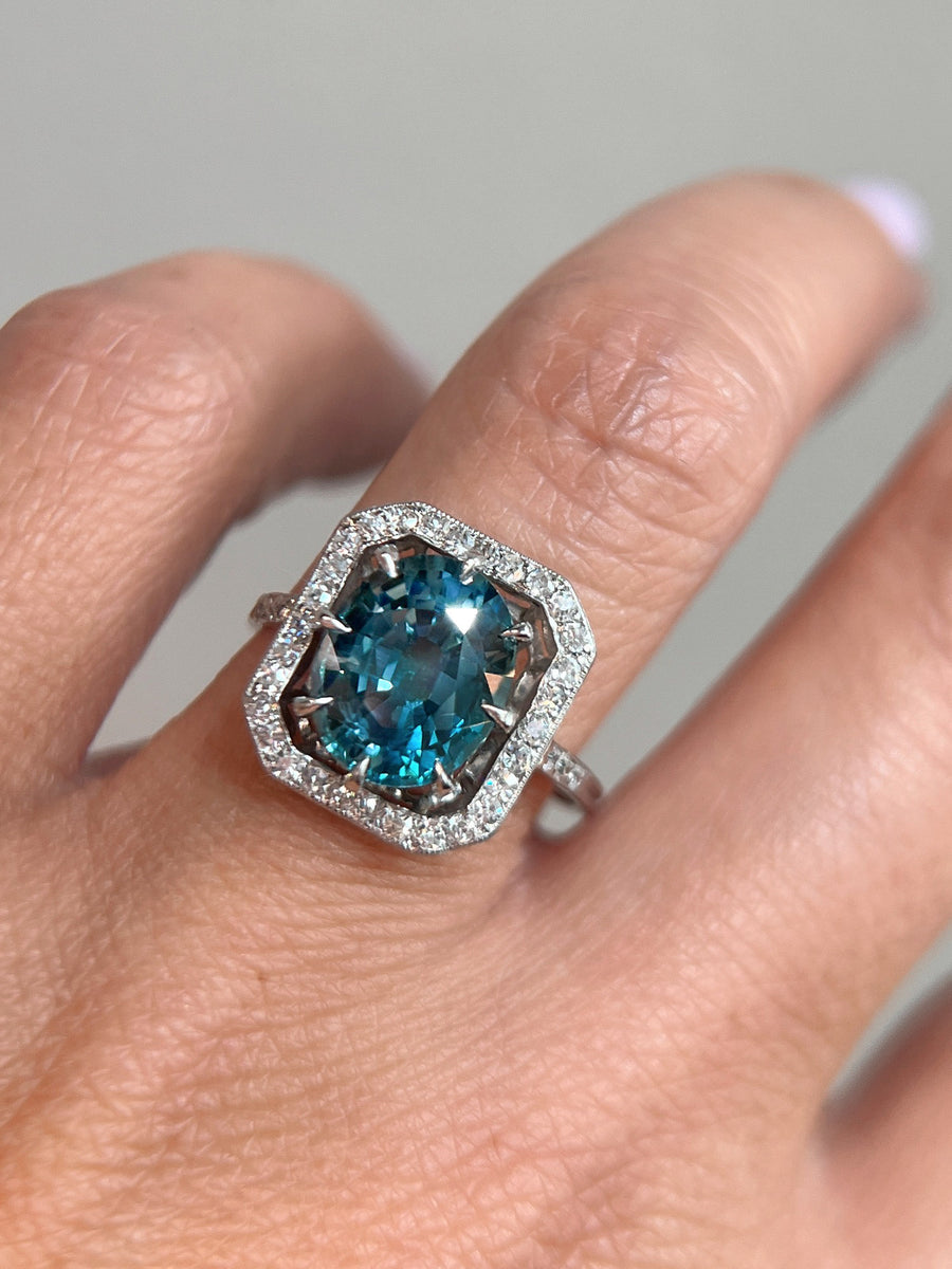 Vintage Teal Sapphire and Diamond Platinum Ring