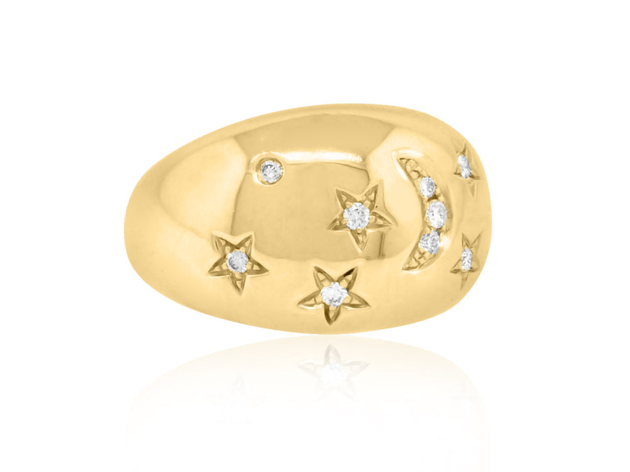 Gold Diamond Moon and Star Dome Ring