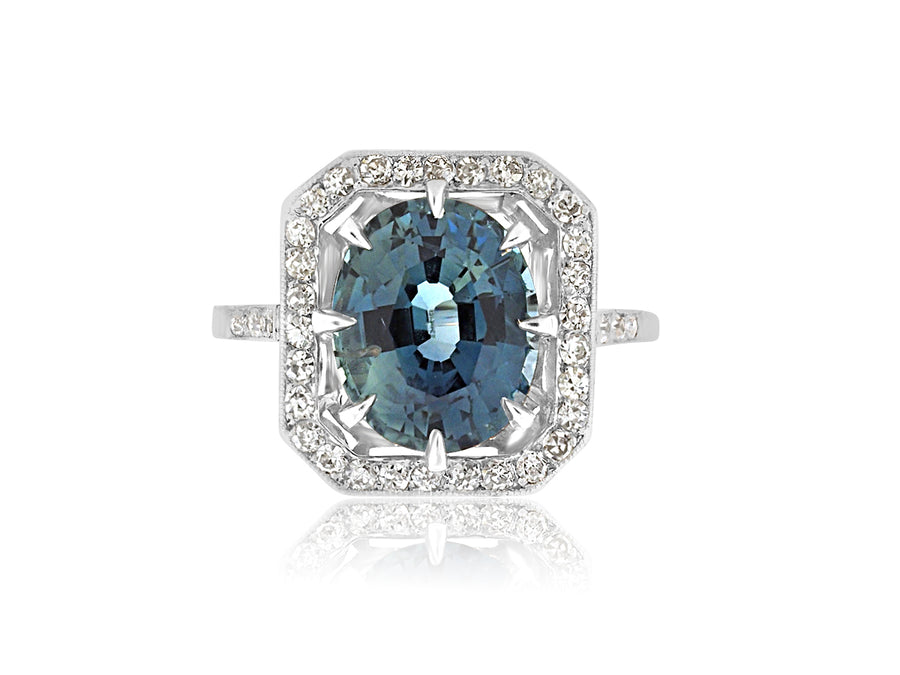 Vintage Teal Sapphire and Diamond Platinum Ring