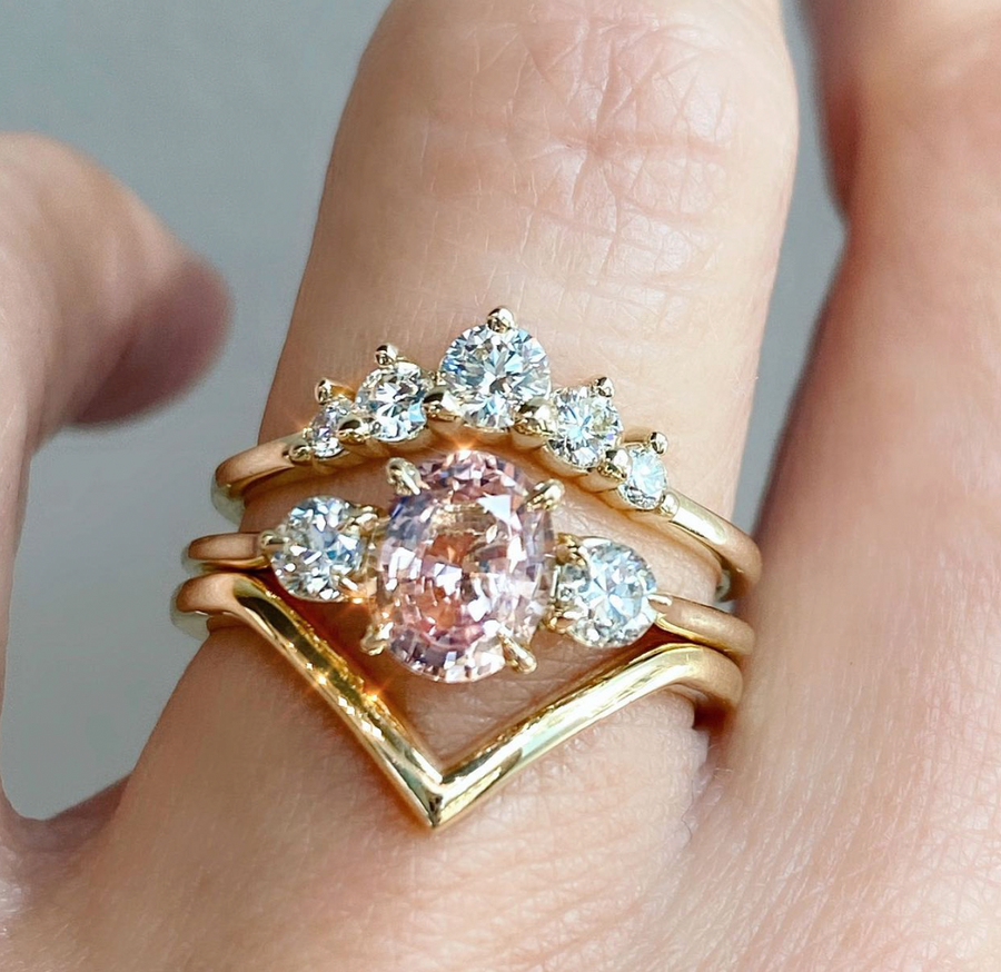0.98ct Peach Sapphire & Diamond Trinity Ring