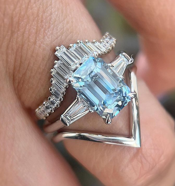 3.16ct Emerald Cut Blue Sapphire Trinity Ring