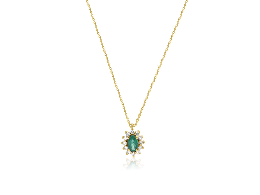 Delicate Oval Emerald and Diamond Cluster Necklace